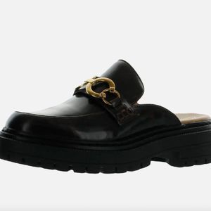 Circus by Sam Edelman Black Leather Slip-On Mules with Gold Hardware
